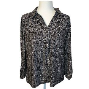 Anne Klein Leopard Print Pullover Black Gray White Top Roll Sleeve Women Large